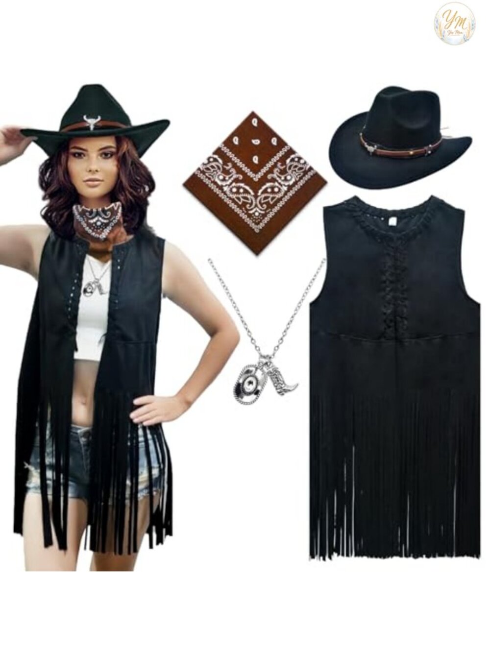 Western Cowgirl Costume Set Fringe Vest Cowboy Hat Necklace Bandana Faux Suede